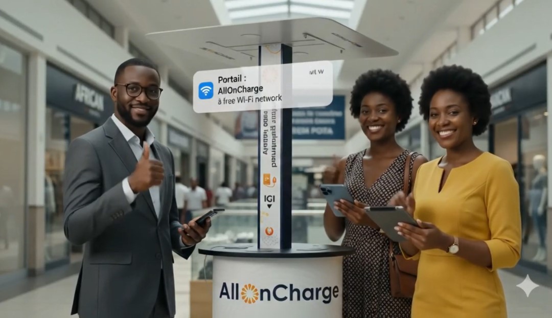 Équipe AllOnCharge avec borne et portail WiFi en centre commercial